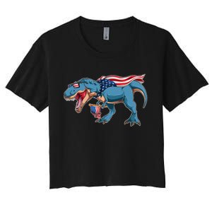 Fourth of July USA American T-Rex Women's Crop Top Tee