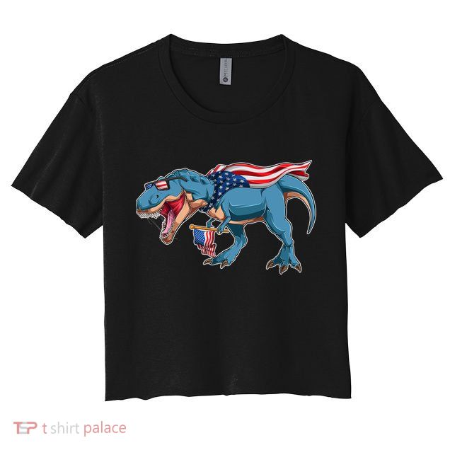 Fourth of July USA American T-Rex Crop Top