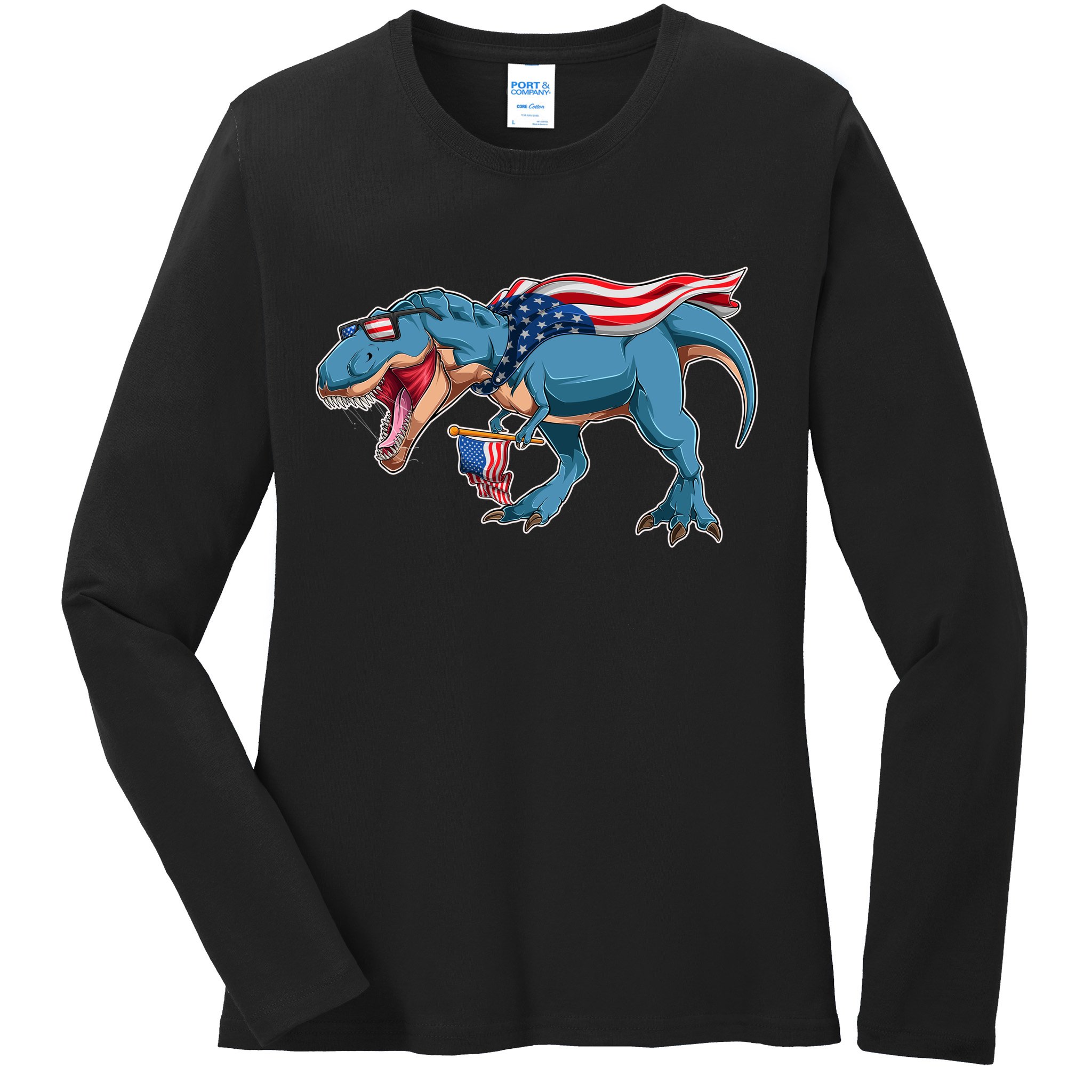 Fourth of July USA American T-Rex Ladies Long Sleeve Shirt