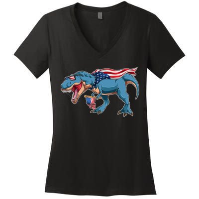 Fourth of July USA American T-Rex Women's V-Neck T-Shirt