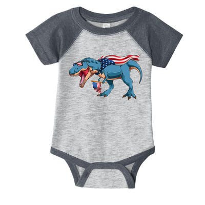Fourth of July USA American T-Rex Infant Baby Jersey Bodysuit