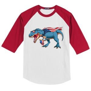 Fourth of July USA American T-Rex Kids Colorblock Raglan Jersey