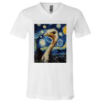 Funny Ostrich Van Gogh Style Starry Night Graphic V-Neck T-Shirt