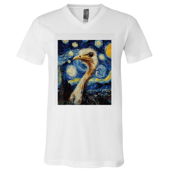 Funny Ostrich Van Gogh Style Starry Night Graphic V-Neck T-Shirt