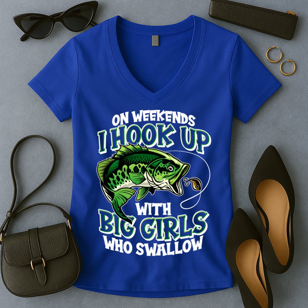 Fishing On Weekends I Hook With Big Girls Who Swallow Women's V-Neck T-Shirt