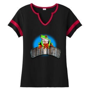 Frog On Wood Panel Ladies Halftime Notch Neck Tee