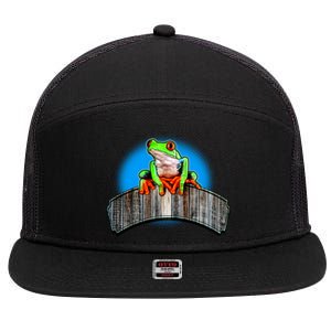 Frog On Wood Panel 7 Panel Mesh Trucker Snapback Hat