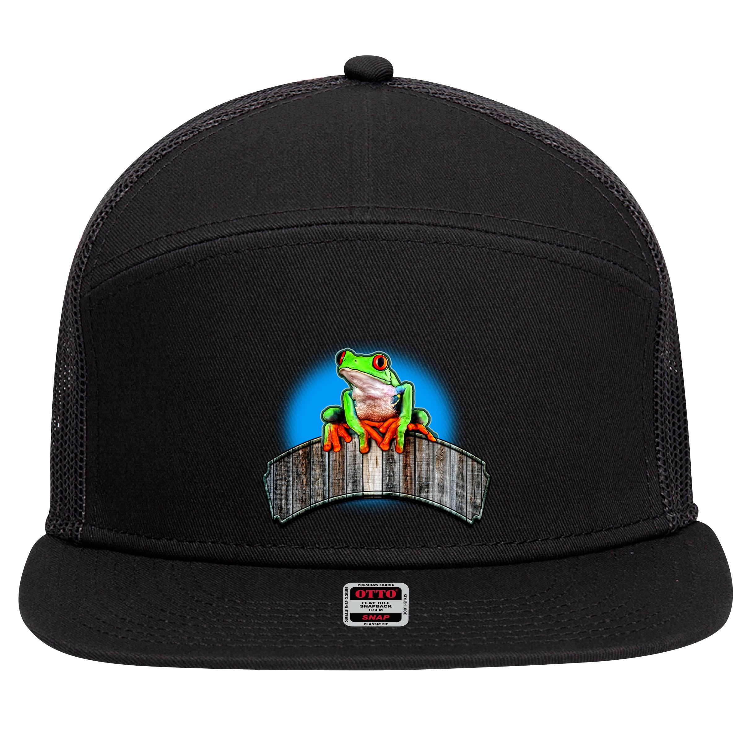 Frog On Wood Panel 7 Panel Mesh Trucker Snapback Hat