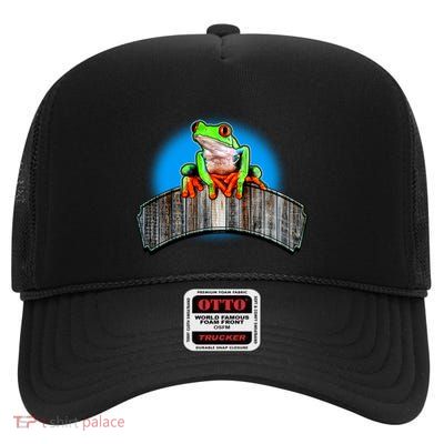 Frog On Wood Panel High Crown Mesh Back Trucker Hat
