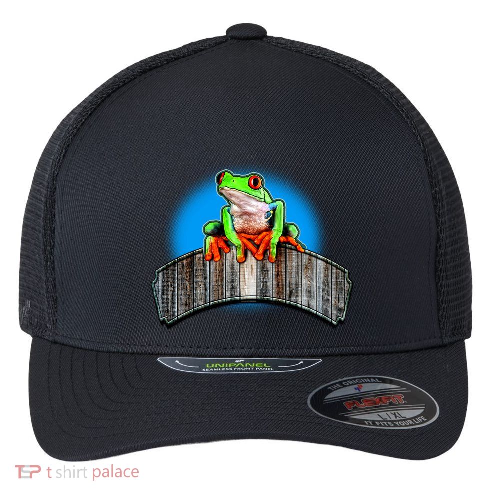 Frog On Wood Panel Flexfit Unipanel Trucker Cap