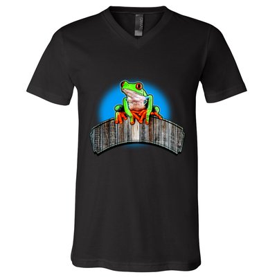 Frog On Wood Panel V-Neck T-Shirt