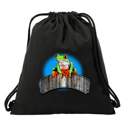 Frog On Wood Panel Drawstring Bag