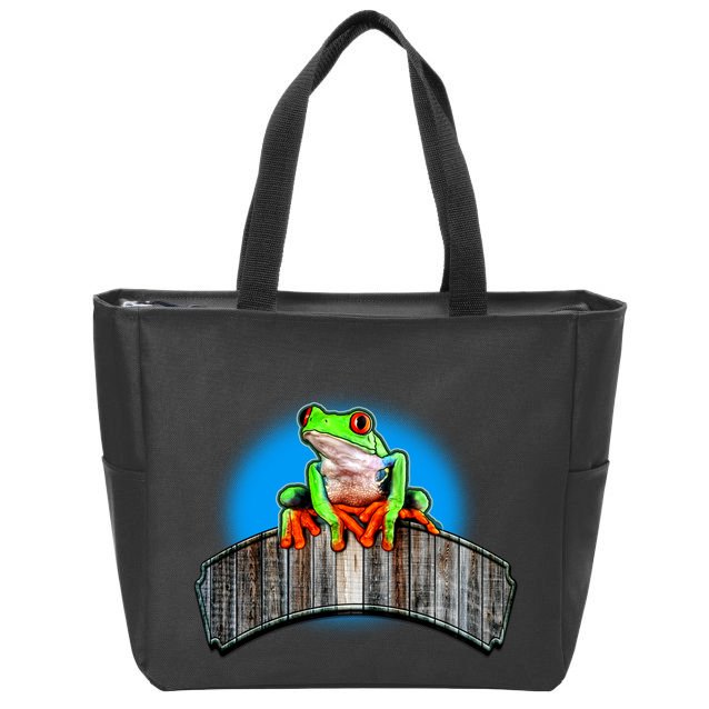 Frog On Wood Panel Zip Tote Bag