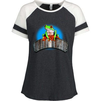 Frog On Wood Panel Enza Ladies Jersey Colorblock Tee