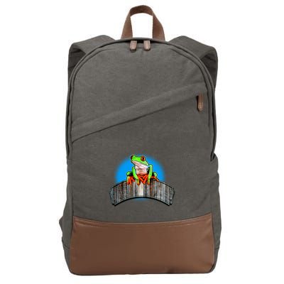 Frog On Wood Panel Cotton Canvas Backpack