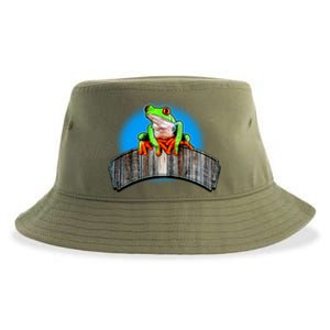 Frog On Wood Panel Sustainable Bucket Hat