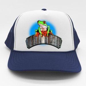 Frog On Wood Panel Trucker Hat