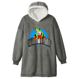 Frog On Wood Panel Hooded Wearable Blanket