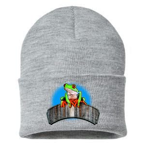 Frog On Wood Panel Sustainable Knit Beanie