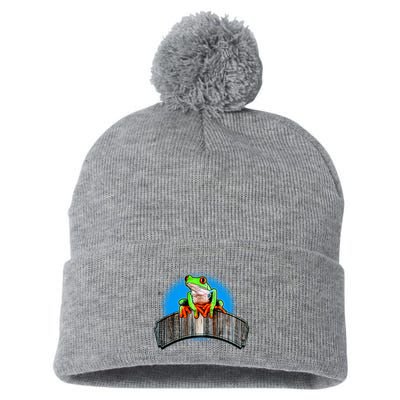 Frog On Wood Panel Pom Pom 12in Knit Beanie