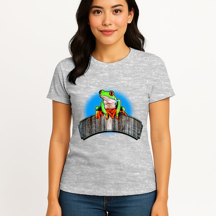 Frog On Wood Panel Womens T-Shirt