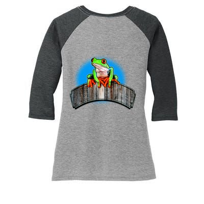 Frog On Wood Panel Women's Tri-Blend 3/4-Sleeve Raglan Shirt