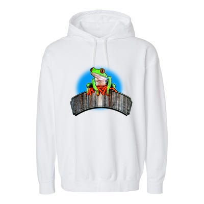 Frog On Wood Panel Garment-Dyed Fleece Hoodie