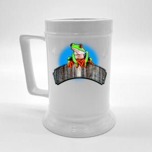 Frog On Wood Panel Beer Stein