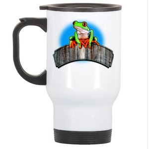 Frog On Wood Panel Stainless Steel Travel Mug