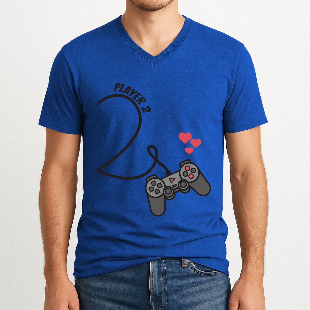 Funny Player 1 Player 2 Matching Gamer Couple Him Her Funny Gift V-Neck T-Shirt