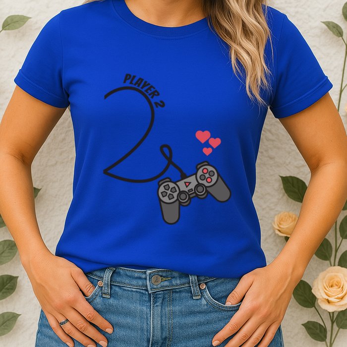 Funny Player 1 Player 2 Matching Gamer Couple Him Her Funny Gift Womens T-Shirt