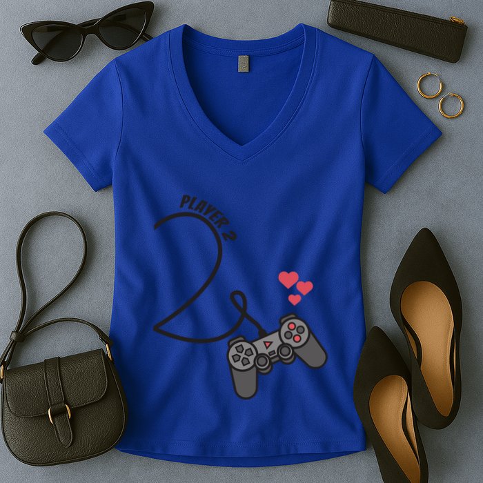 Funny Player 1 Player 2 Matching Gamer Couple Him Her Funny Gift Women's V-Neck T-Shirt