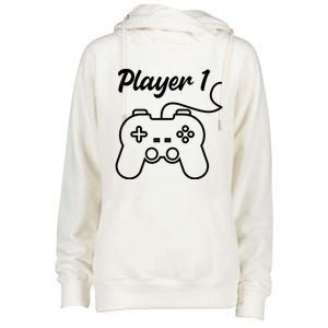 Funny Player 1 Player 2 Matching Gamer Couple Him Her Funny Gift Womens Funnel Neck Pullover Hood