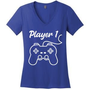 Funny Player 1 Player 2 Matching Gamer Couple Him Her Funny Gift Women's V-Neck T-Shirt