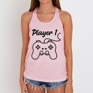 Funny Player 1 Player 2 Matching Gamer Couple Him Her Funny Gift Women's Knotted Racerback Tank