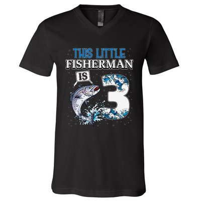 Fishing Party 3 Year Old Birthday Fisherman 3rd Fisher V-Neck T-Shirt