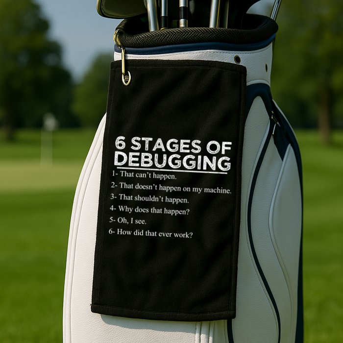 Funny Programmer 6 Stages Of Debugging Golf Towel