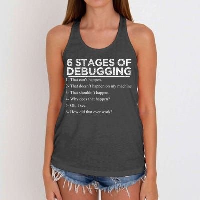 Funny Programmer 6 Stages Of Debugging Women's Knotted Racerback Tank