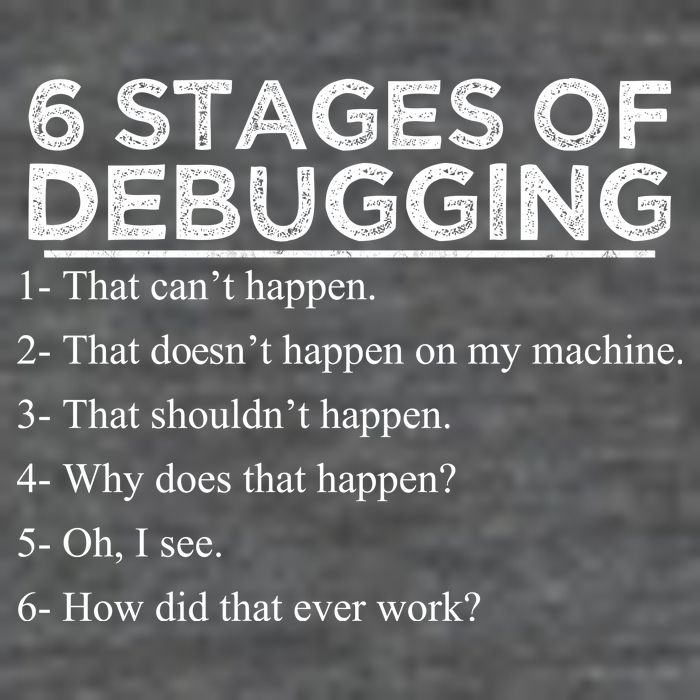 Funny Programmer 6 Stages Of Debugging 7 Panel Mesh Trucker Snapback Hat