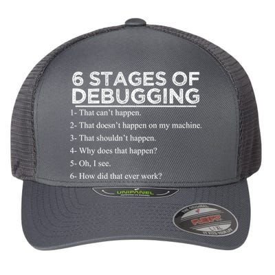 Funny Programmer 6 Stages Of Debugging Flexfit Unipanel Trucker Cap