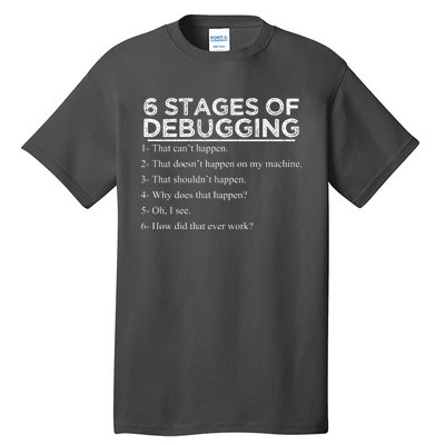 Funny Programmer 6 Stages Of Debugging Tall T-Shirt