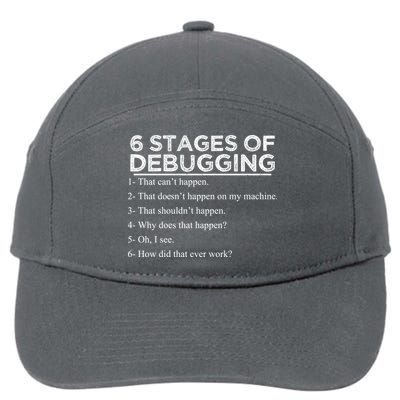 Funny Programmer 6 Stages Of Debugging 7-Panel Snapback Hat
