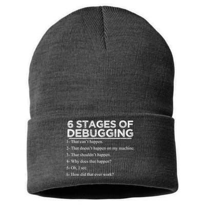 Funny Programmer 6 Stages Of Debugging Sustainable Knit Beanie