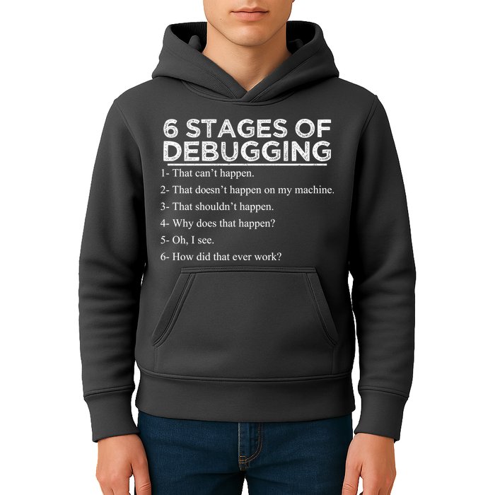 Funny Programmer 6 Stages Of Debugging Kids Hoodie