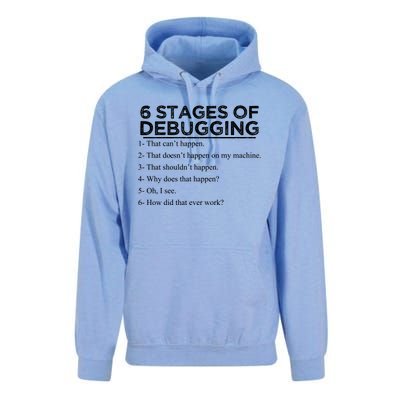 Funny Programmer 6 Stages Of Debugging Unisex Surf Hoodie