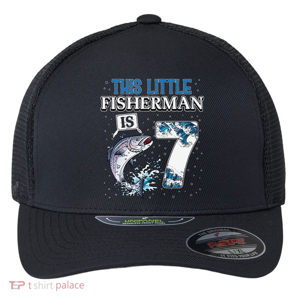 Fishing Party 7 Year Old Birthday Fisherman 7th Fisher Flexfit Unipanel Trucker Cap