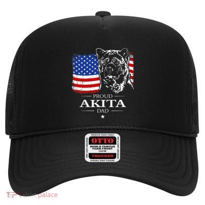 Funny Proud Akita Dad American Flag Patriotic Dog Gift High Crown Mesh Back Trucker Hat