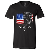 Funny Proud Akita Dad American Flag Patriotic Dog Gift V-Neck T-Shirt