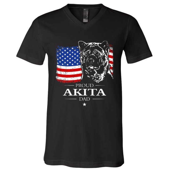 Funny Proud Akita Dad American Flag Patriotic Dog Gift V-Neck T-Shirt