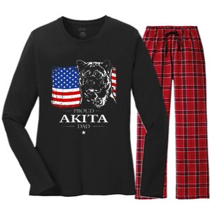 Funny Proud Akita Dad American Flag Patriotic Dog Gift Women's Long Sleeve Flannel Pajama Set 